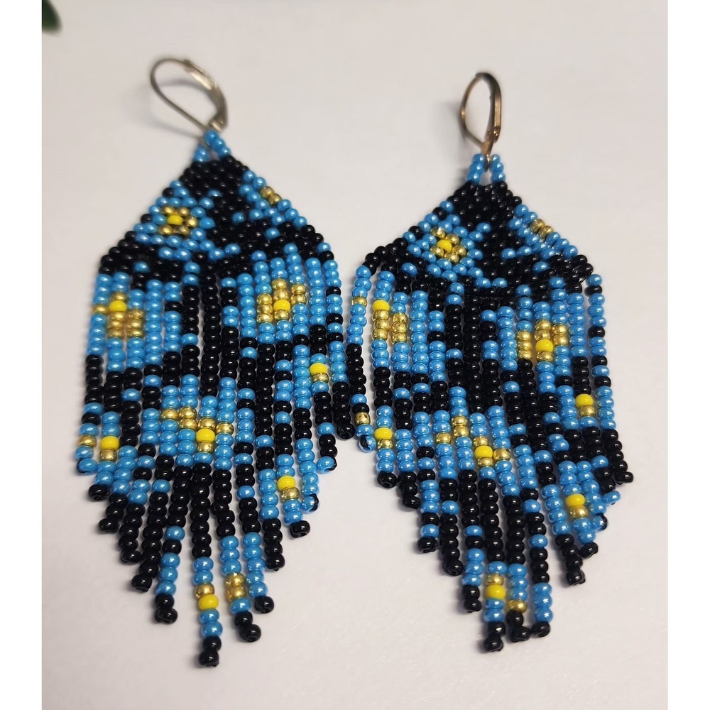 Blue Black Floral Seed Bead Earrings Fringe Flower Dangle